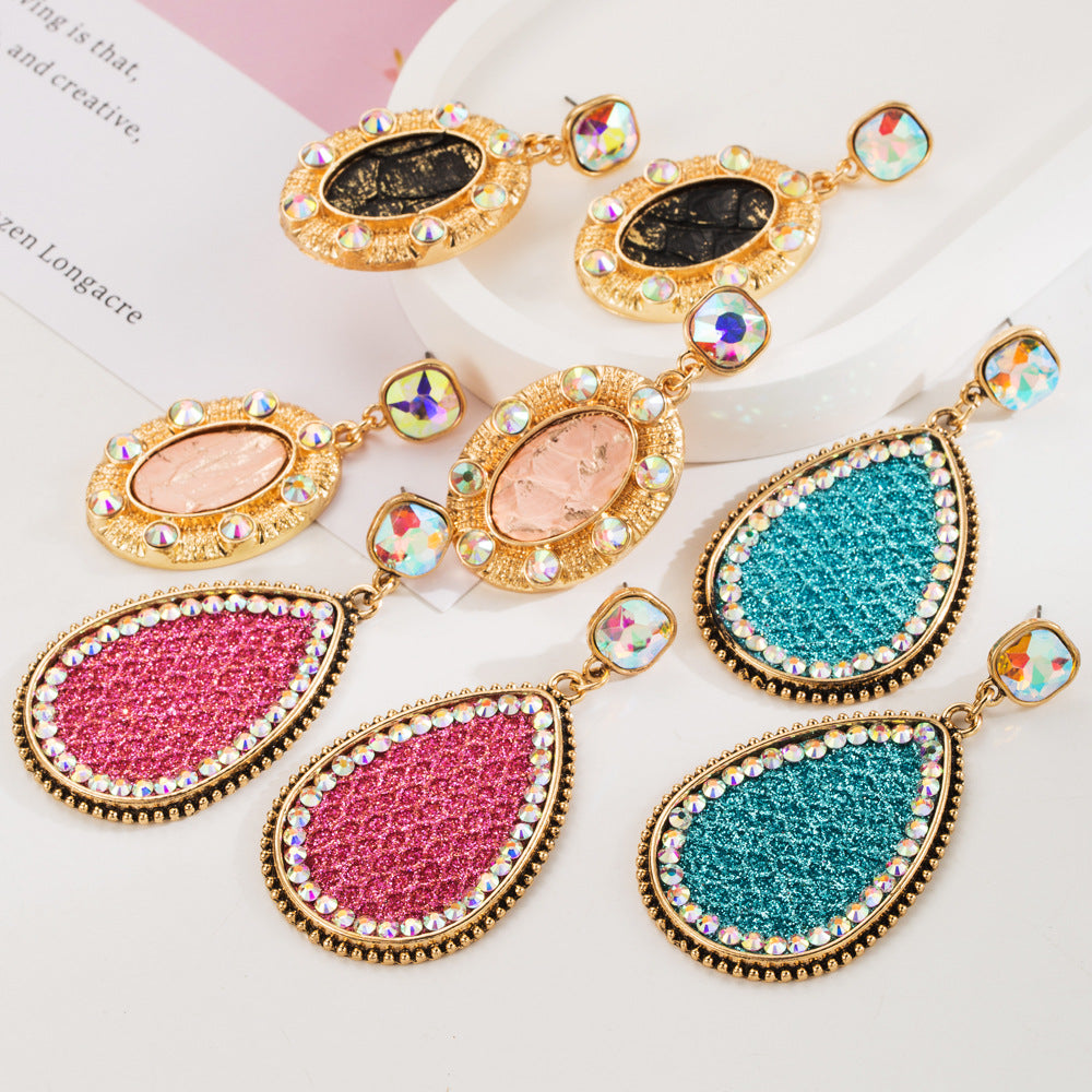 Independent station hot selling earrings, creative leather, sequins, exaggerated earrings, ultra-shiny alloy, colored diamonds, party ball ears