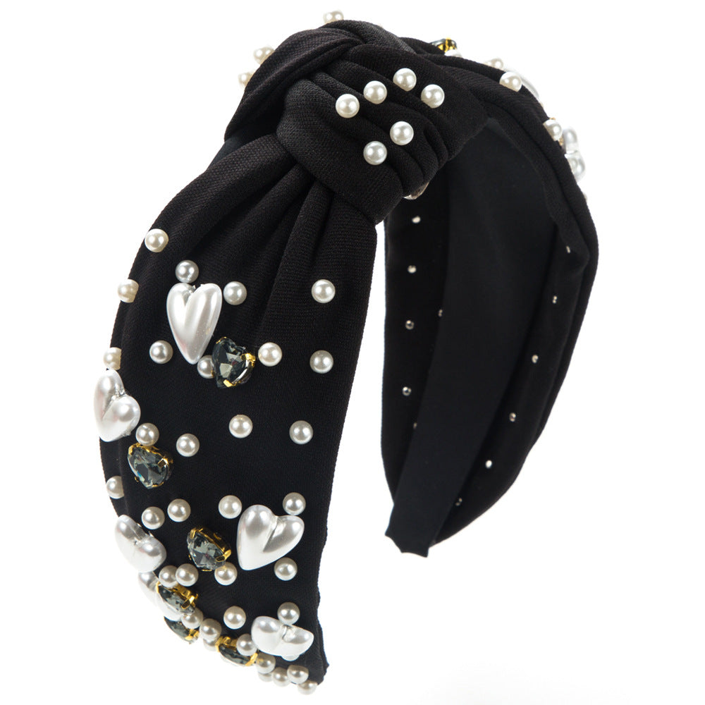 Korean version fashion sweet love pearl headband women's cross-border new diamond beads wide-edge knotted hair jewelry wholesale