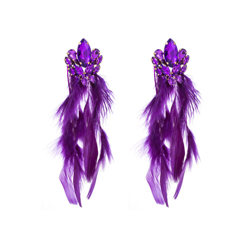 European and American fashion alloy diamond floral long feather tassel earrings women's fashion high-end bohemian earrings