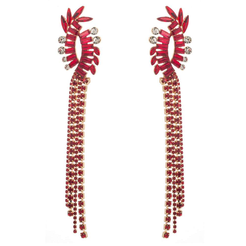 European and American fashion new claw chain tassel earrings, light luxury alloy inlaid with colored diamonds, long temperament, high-end party earrings