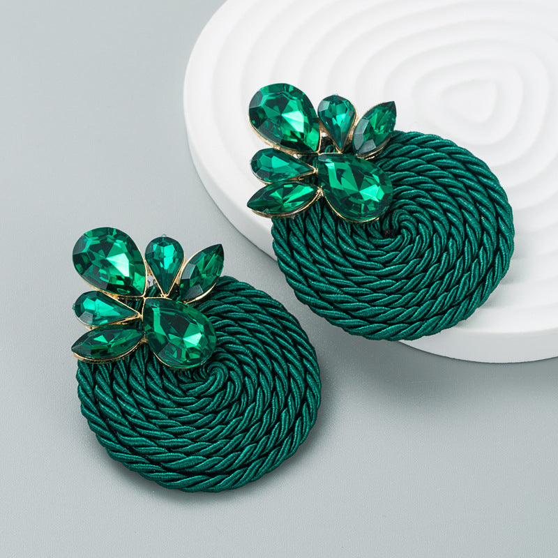 European and American fashion trends exaggerated earrings alloy color rhinestone polyester stretch thread woven round earrings wholesale