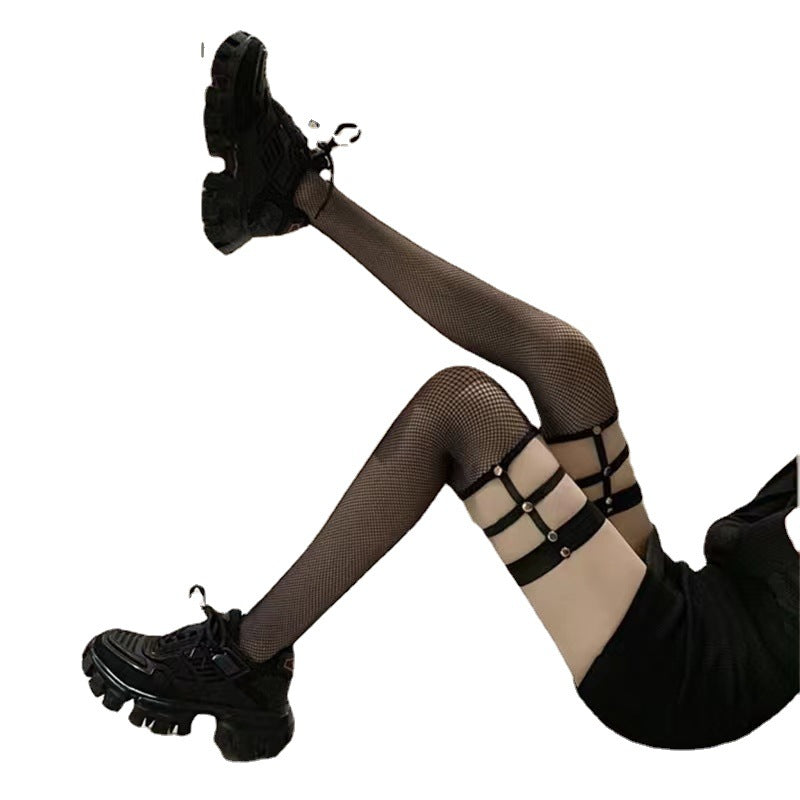 Yuedie net red sexy temptation rivet over the knee socks female hollow fishnet long tube sexy suspenders dark stockings 7086