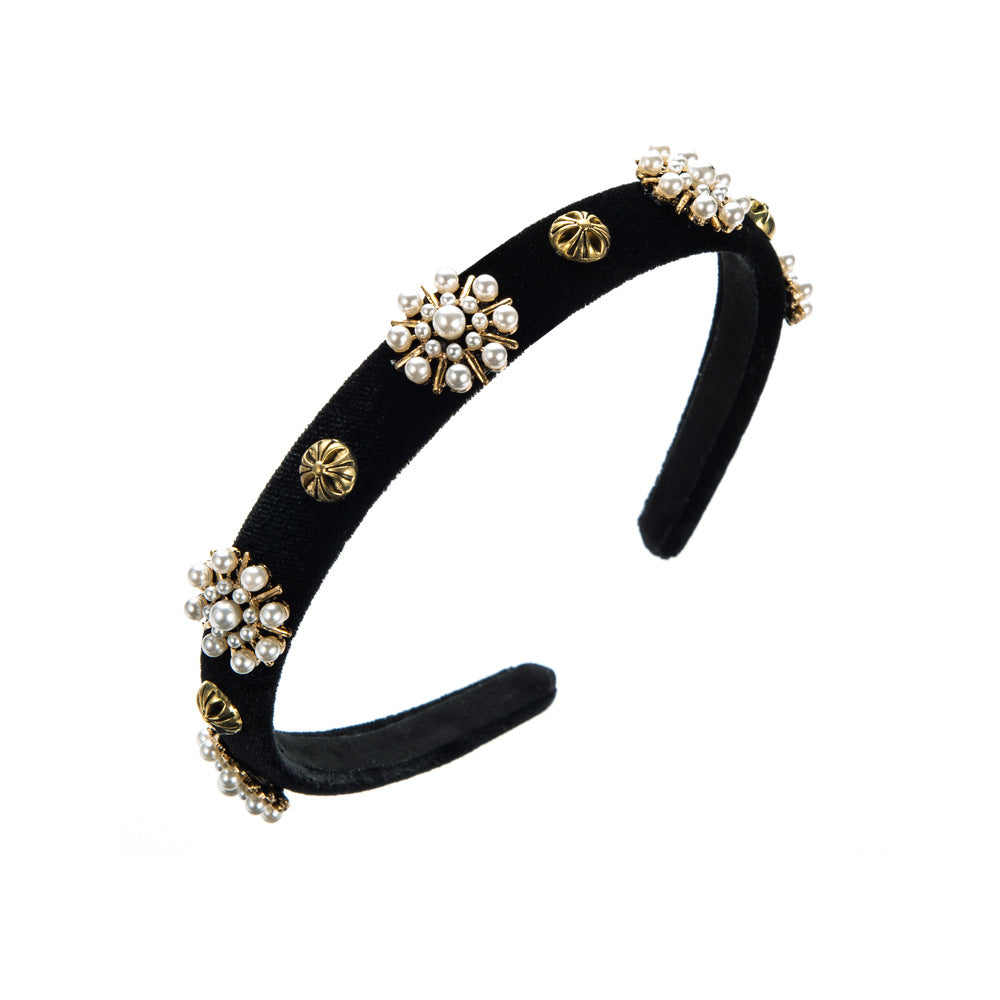 European and American fashion temperament, new velvet inlaid rhinestones, pearl headbands, female Internet celebrities, sweet personality, simple headbands, wholesale