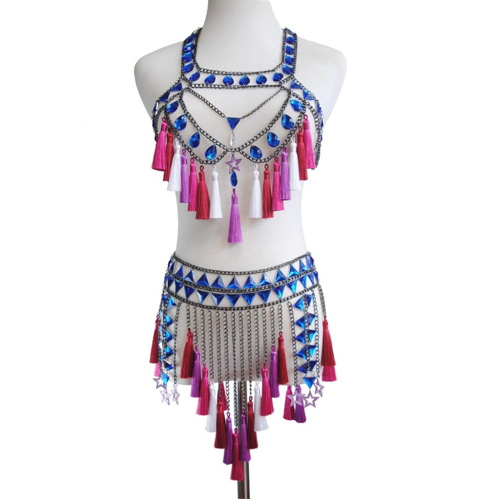 New European and American cross-border fashion jewelry, summer sexy beach tassel pendant, bra + waist chain set, body chain