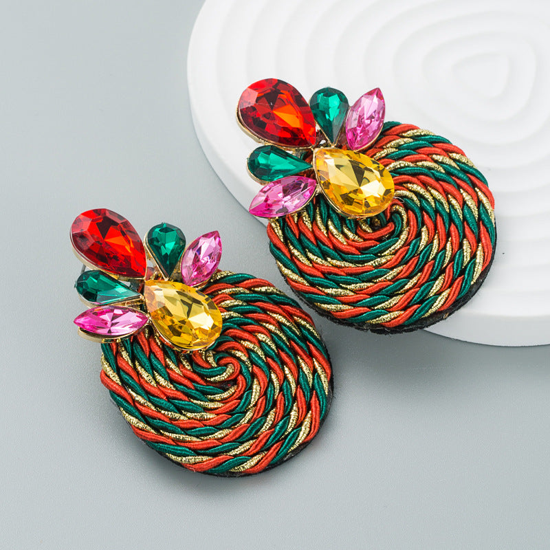 European and American fashion trends exaggerated earrings alloy color rhinestone polyester stretch thread woven round earrings wholesale