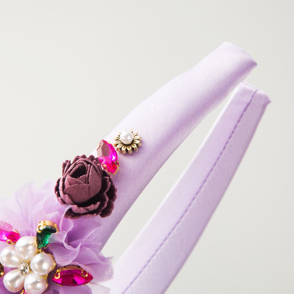 Cross-border new Korean version of floral temperament headband female sponge high skull top inlaid with glass diamonds pearl flower party hair accessories