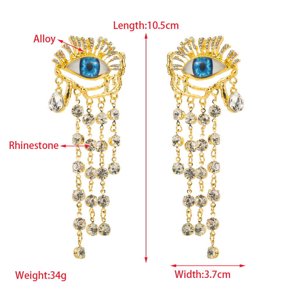 European and American retro exaggerated devil's eye alloy diamond silver needle earrings women's long tassel chain rhinestone earrings