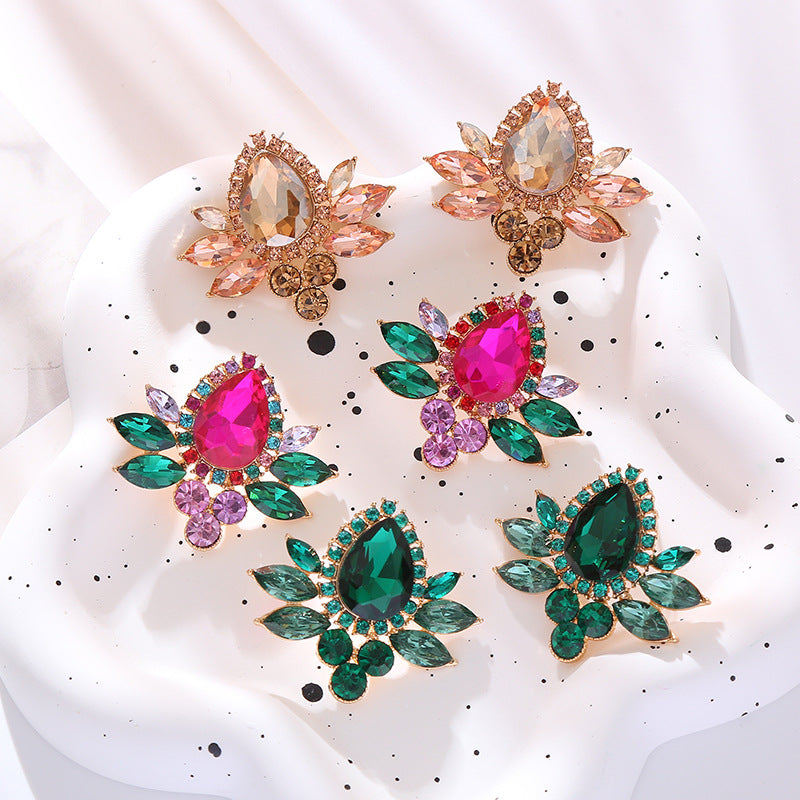 Earrings, French temperament, retro geometric glass and diamond earrings, delicate niche alloy and diamond light luxury earrings