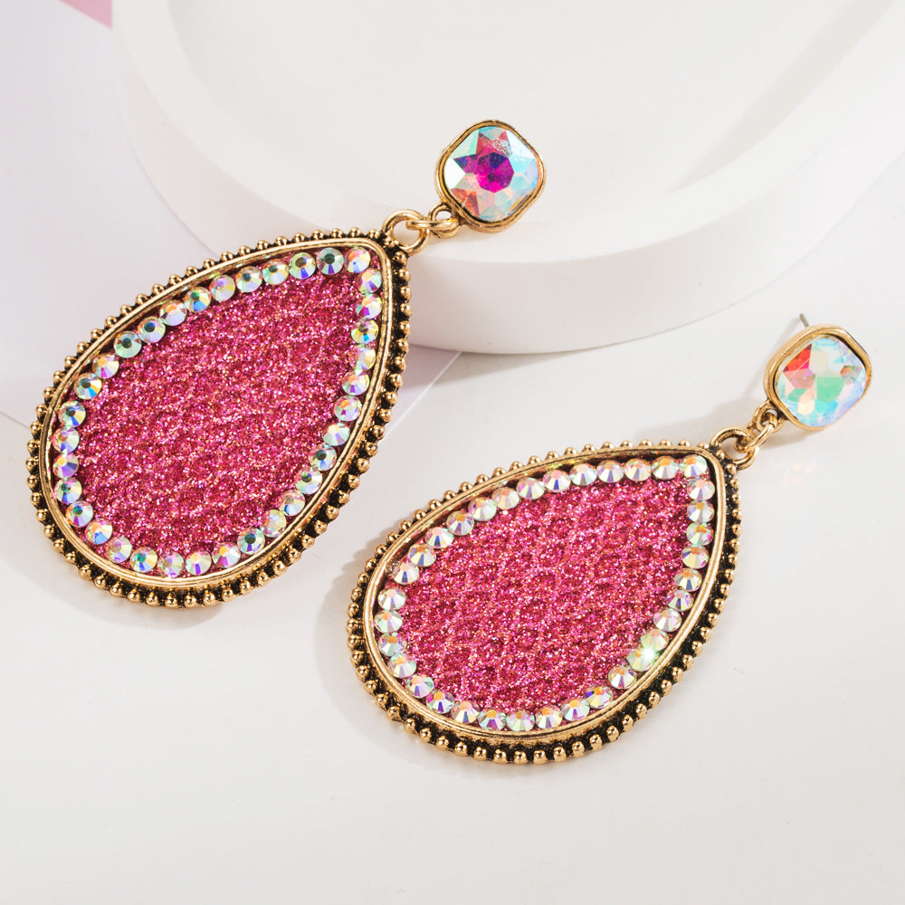Independent station hot selling earrings, creative leather, sequins, exaggerated earrings, ultra-shiny alloy, colored diamonds, party ball ears