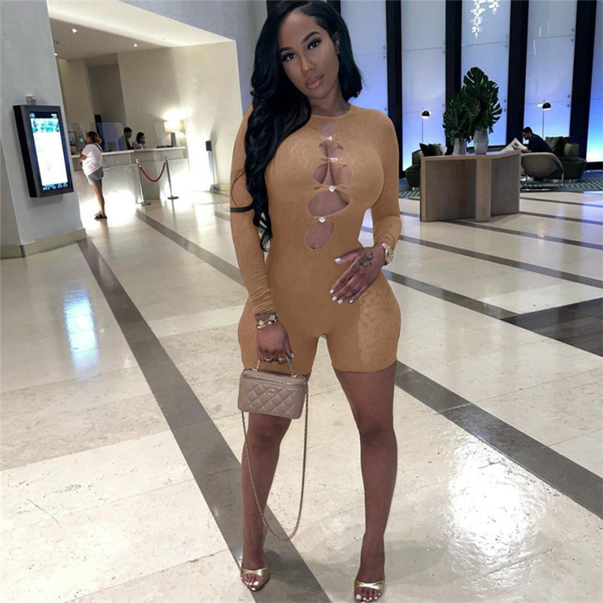 Amazon cross-border Internet celebrity hot women's clothing sexy temptation see-through high-waisted long-sleeved tight-fitting hip T5032