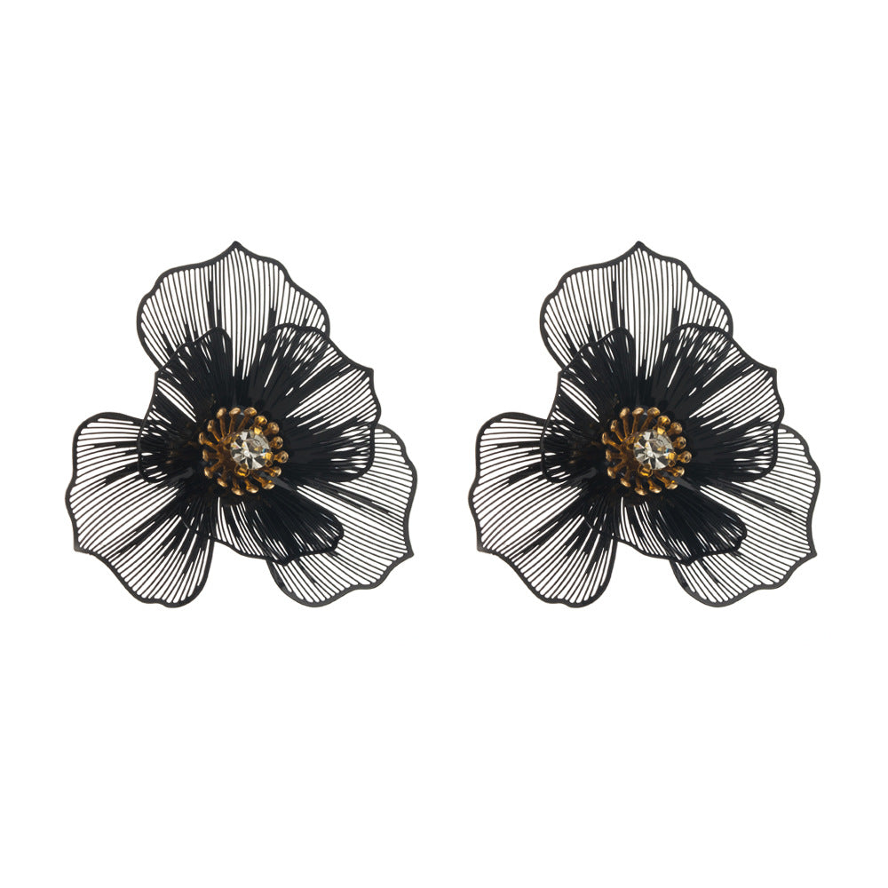 European and American new summer floral earrings, women's alloy inlaid diamond multi-layer stud earrings, sweet temperament, light luxury, high-end earrings