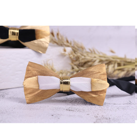 271 Golden Feather Male Wedding Dress Bow Tie Business Dinner Host Yellow Black Gold Bow Collar Flower