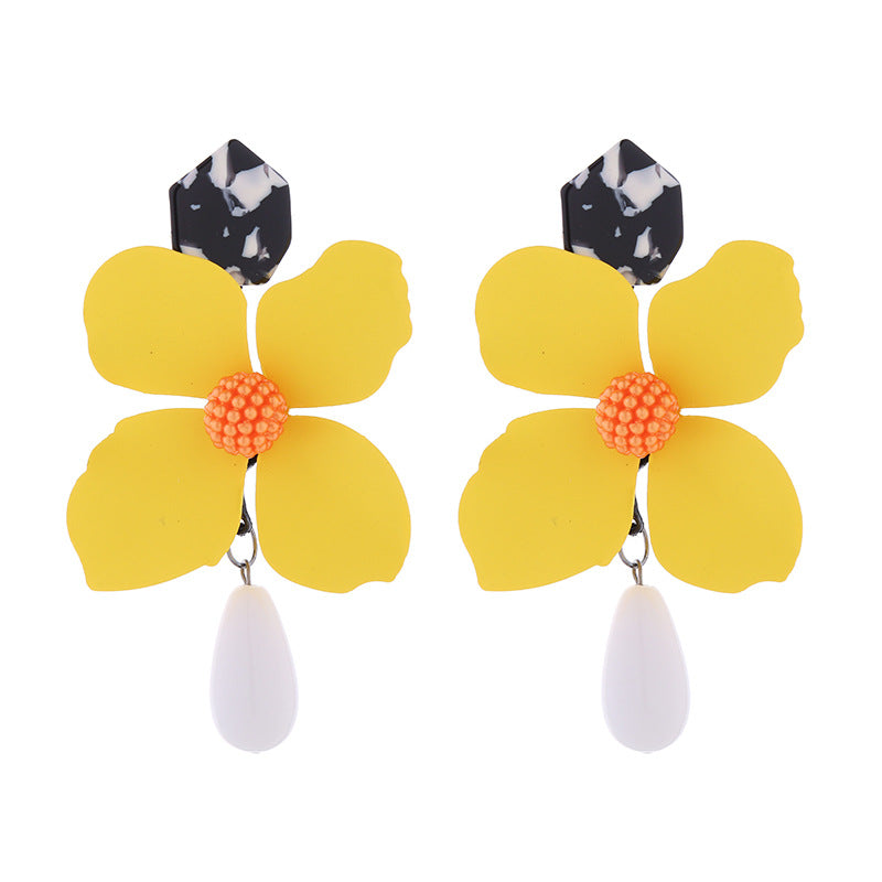 New Exaggerated Long Multi Layer Flower Earrings Alloy Lacquer Teardrop Shaped Pearl Earrings Wholesale Earrings