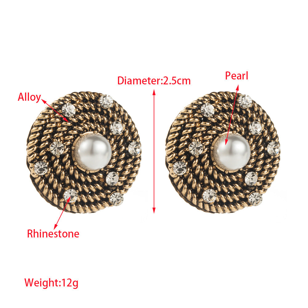 European and American new retro round distressed style silver pin earrings alloy inlaid crystal pearl love flower earrings