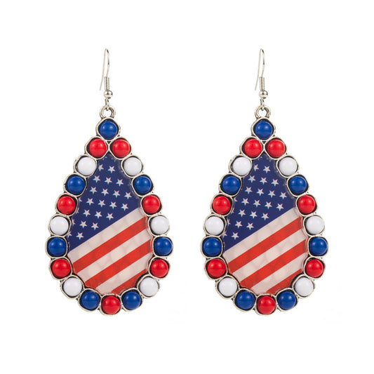 European and American cross-border American Independence Day earrings alloy inlaid with acrylic diamonds, red, white and blue printed flag earrings, earrings, earrings