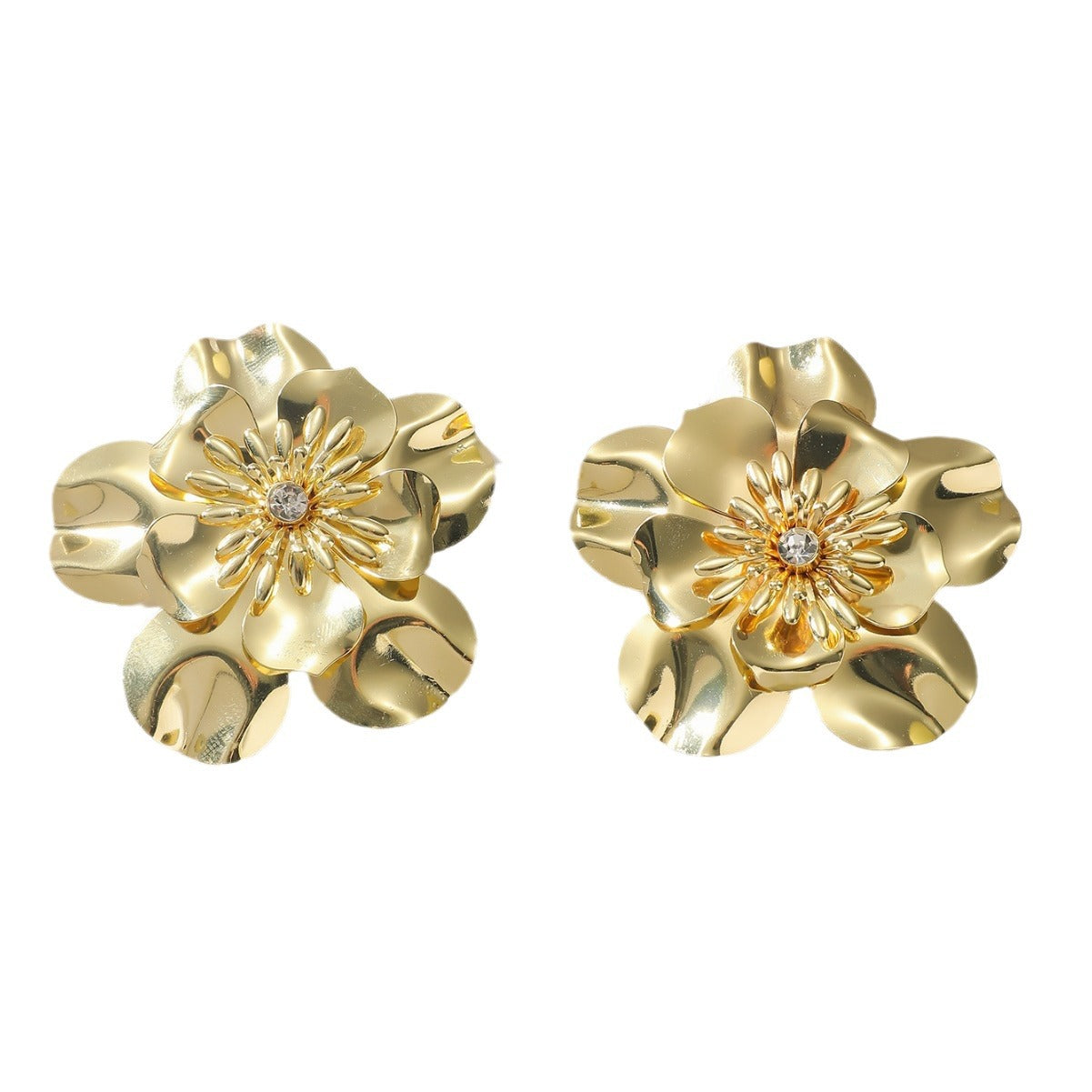 New summer alloy rhinestone flower earrings European and American exaggerated trend metallic flower stud earrings