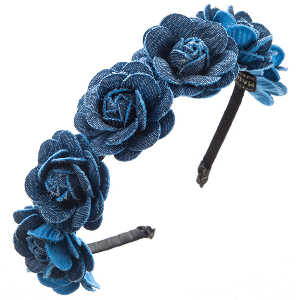 European and American fashion new diamond-encrusted devil's eye headband, women's personality, denim fabric, camellia decoration, ball headband