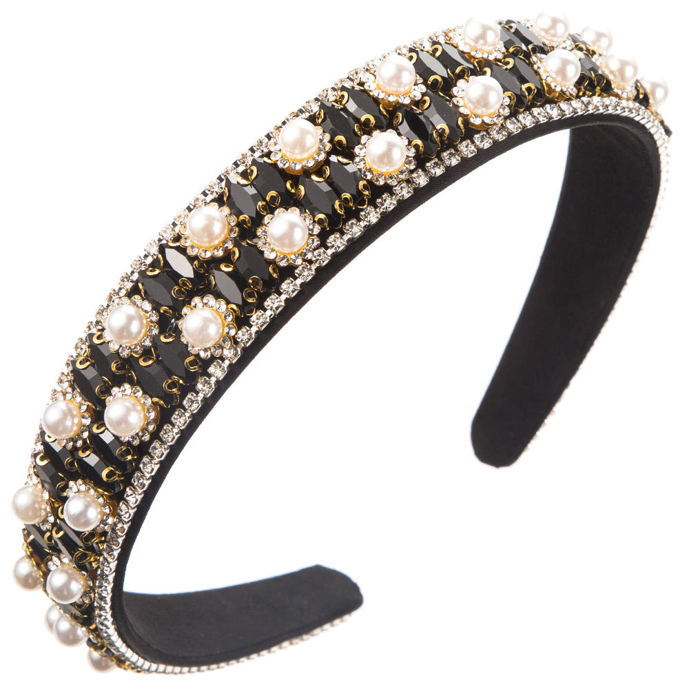 European and American new retro light luxury high-end headbands, women's wide-edged diamond-studded pearl temperament headbands, versatile banquet hair accessories