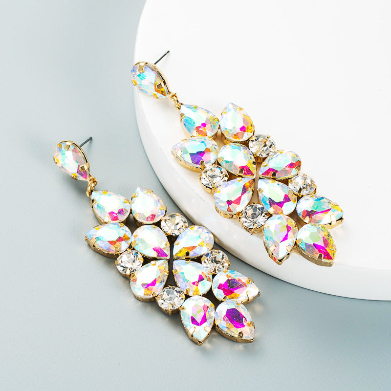 Retro temperament, full of diamonds, colored rhinestones, glass diamonds, flowers, midi drop earrings, creative personality, tassel drop earrings