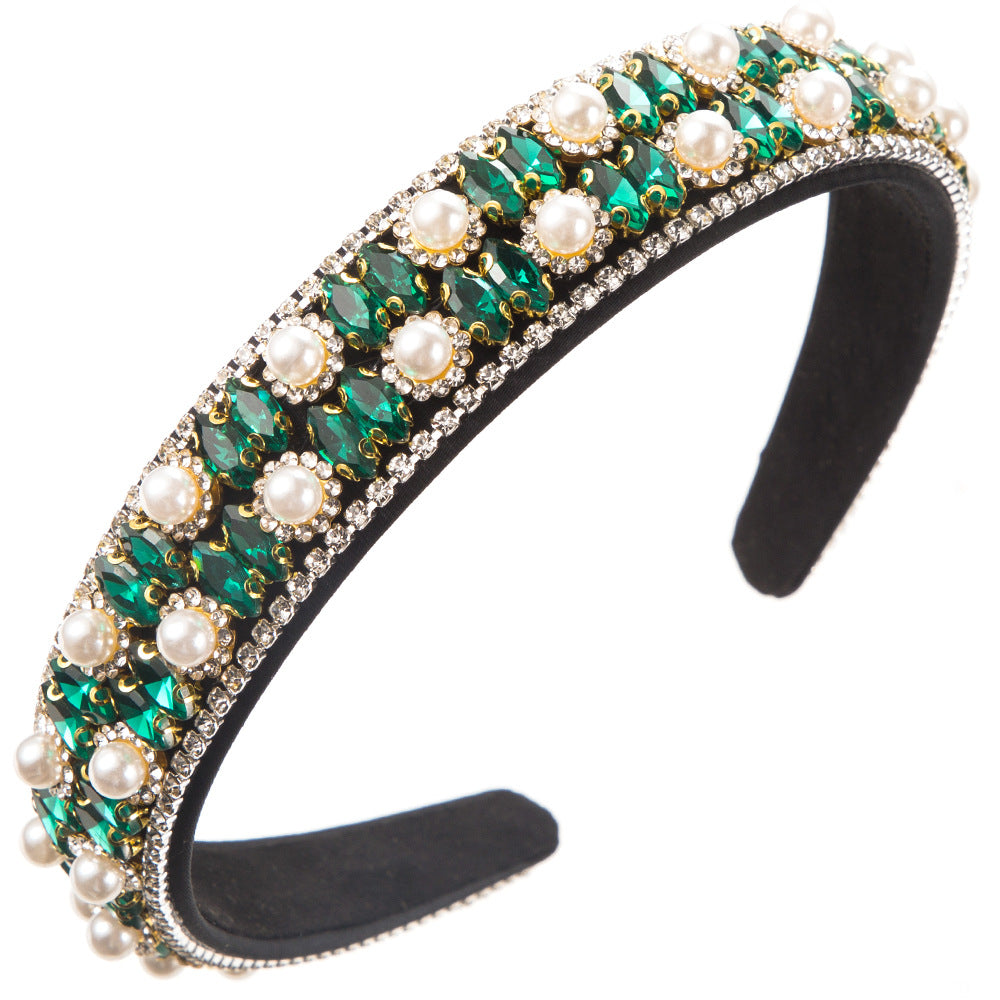 European and American new retro light luxury high-end headbands, women's wide-edged diamond-studded pearl temperament headbands, versatile banquet hair accessories