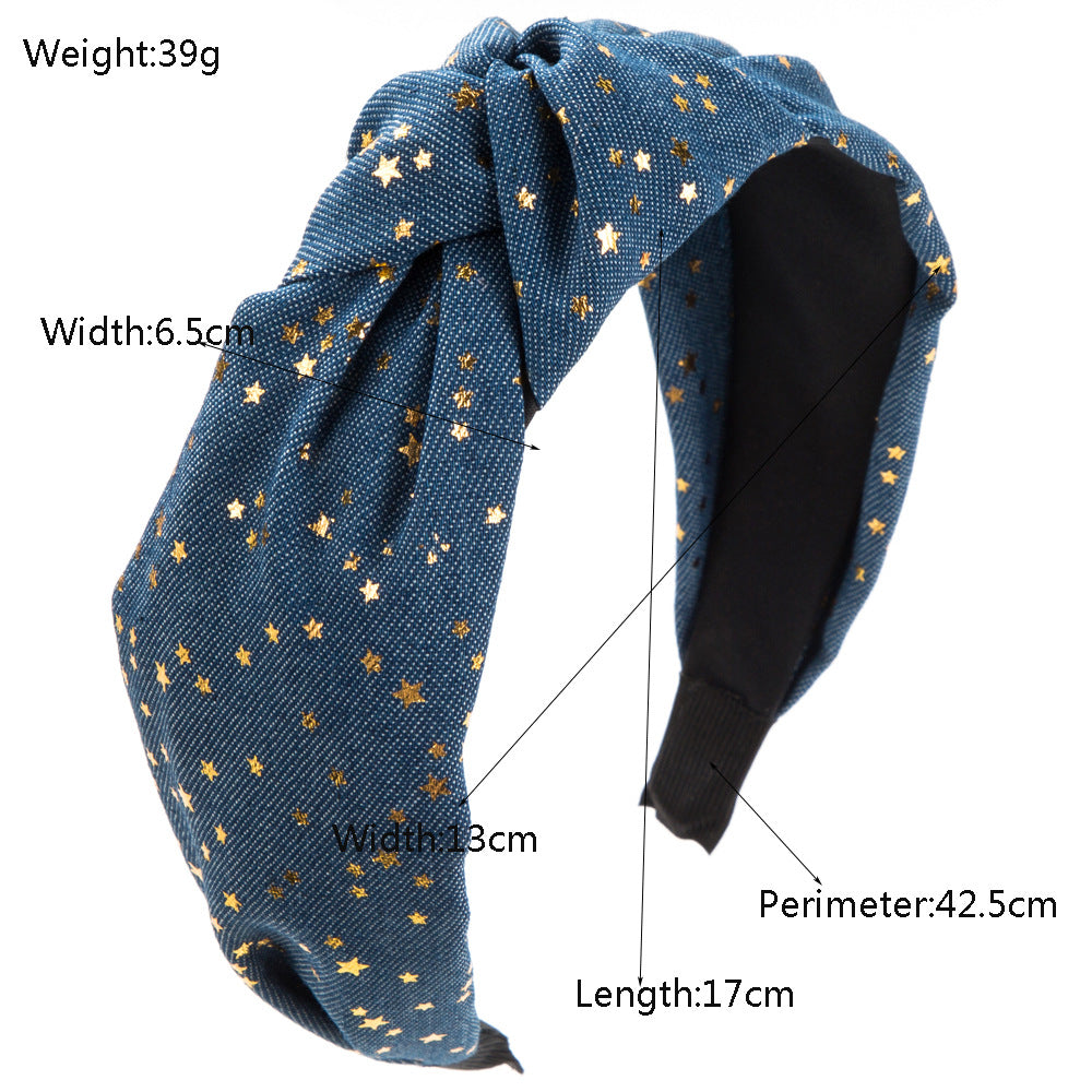 Cross-border European and American fashion denim fabric headband creative gold five-pointed star wide knotted high skull top outward ornament
