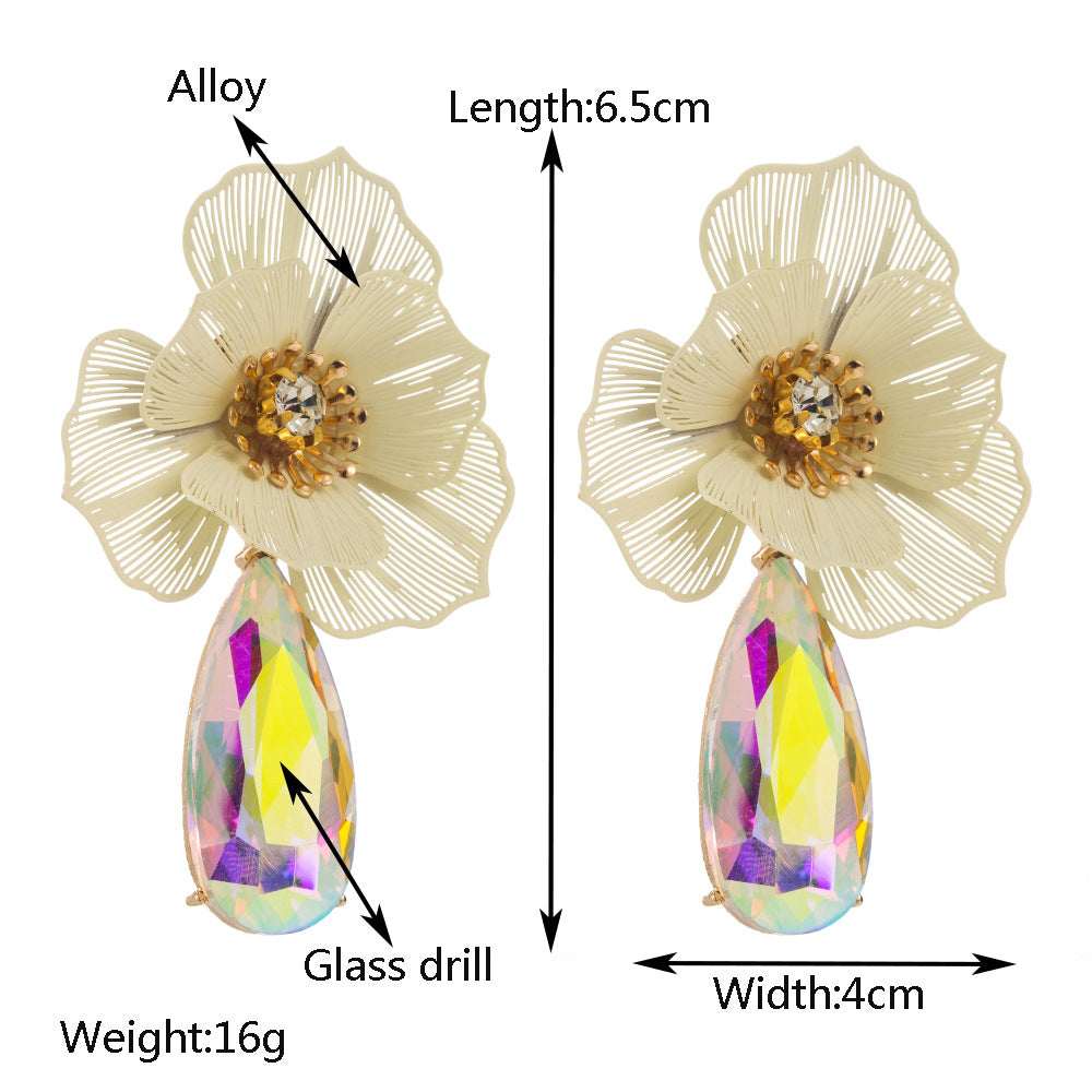 European and American trend: summer diamond-studded flower earrings, exaggerated personality, creative dazzling water drop earrings, light luxury temperament earrings