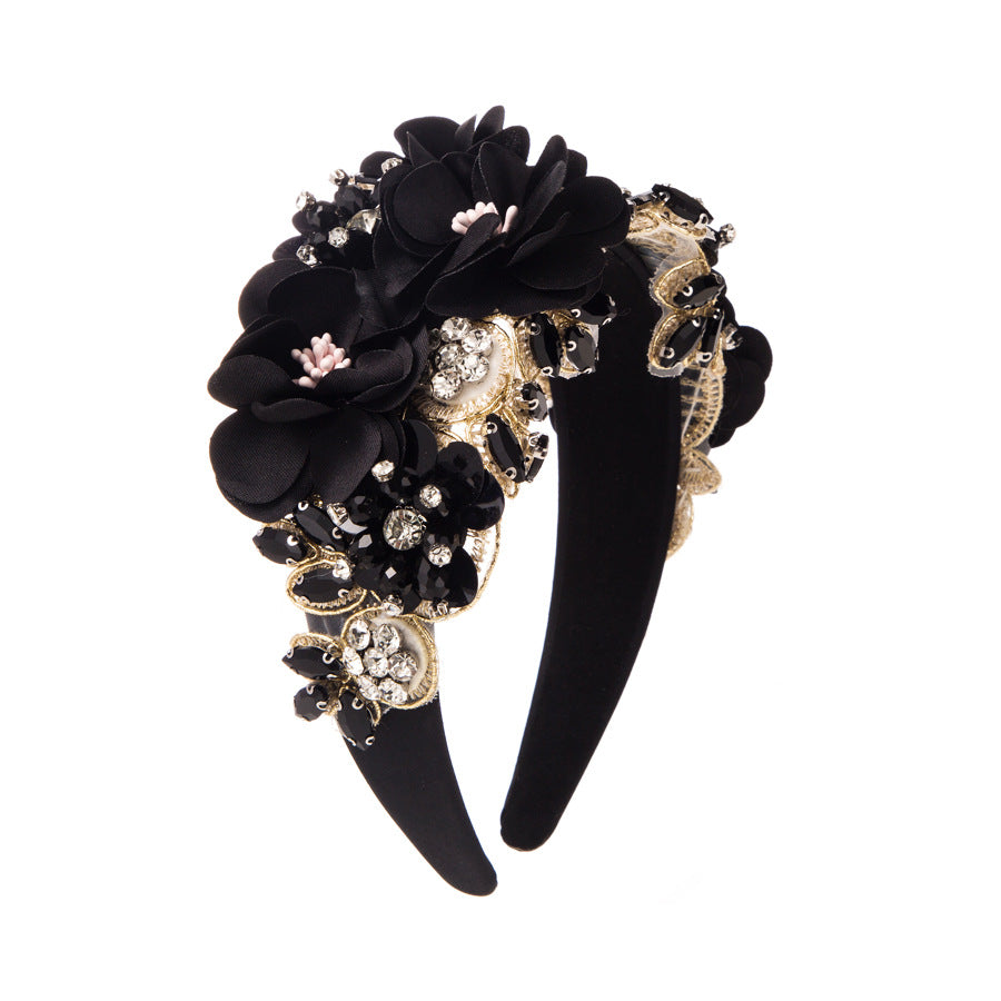 European and American cross-border new oversized exaggerated baroque heavy industry silk flower headband women's ball wide-brimmed elegant headband