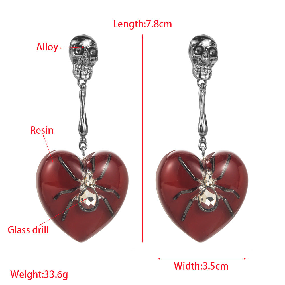 European and American exaggerated dark wind spider skull earrings long multi-layer heart resin pendant stud earrings earrings wholesale