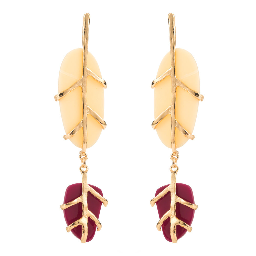 European and American cross-border new plant leaf earrings alloy inlaid resin personality earrings fashion atmosphere party earrings women