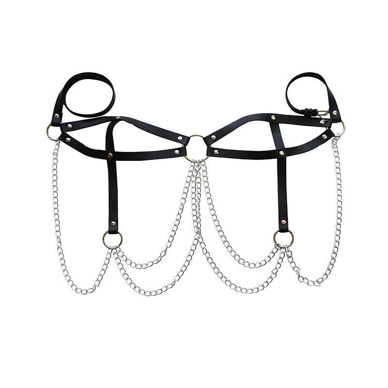 New European and American cross-border jewelry, personality women, multi-layered exaggerated punk leather waist chain, metal chain, body chain