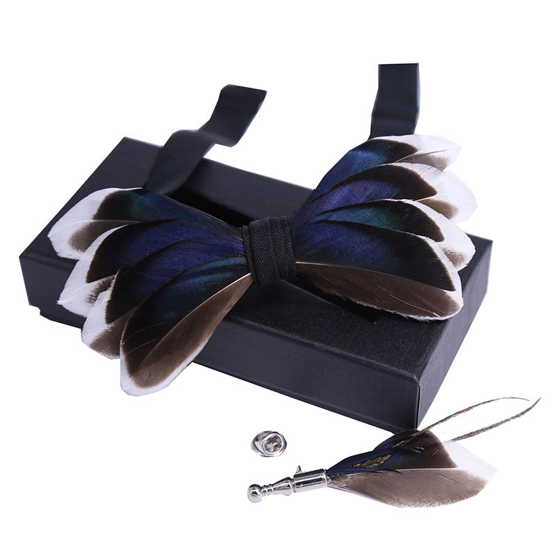 feather bow tie men's dark blue wedding fashion british korean version groomsmen bow brooch collar flower pin