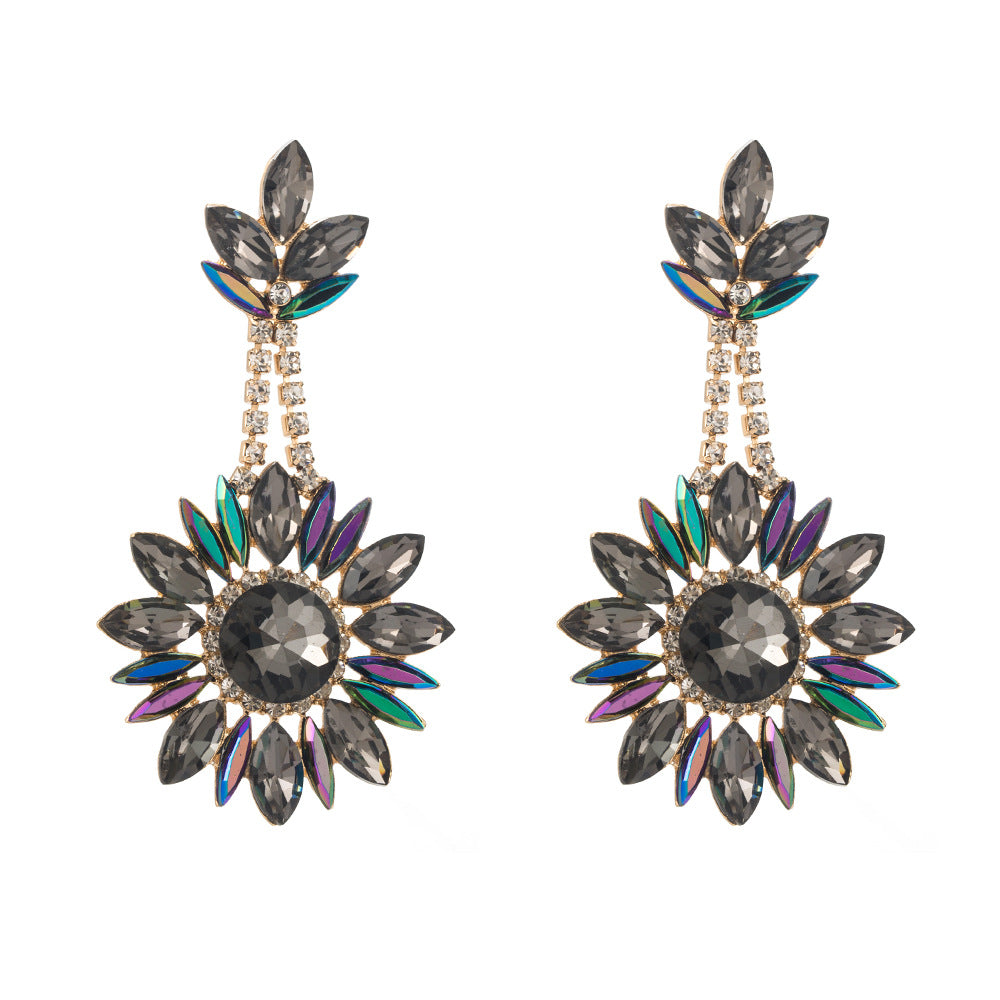 European and American new cross-border flower pendant earrings luxury exaggerated color full diamond round long banquet earrings wholesale