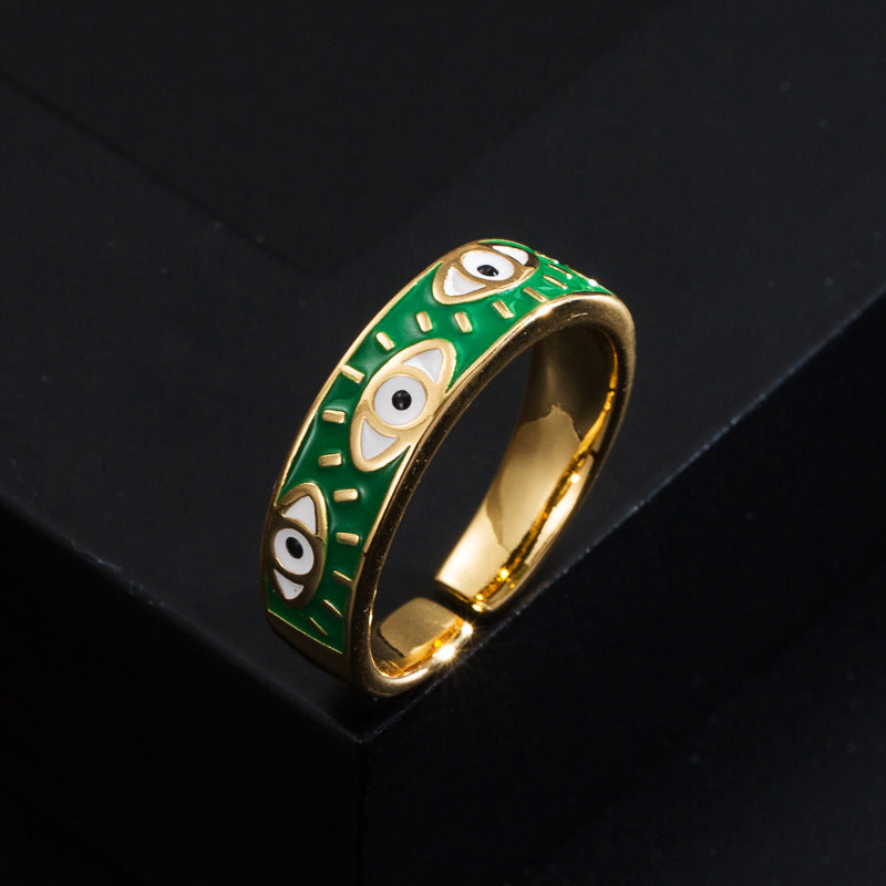 European and American fashion copper gilded color dripping oil devil's eye open ring women's simple temperament versatile ring accessories