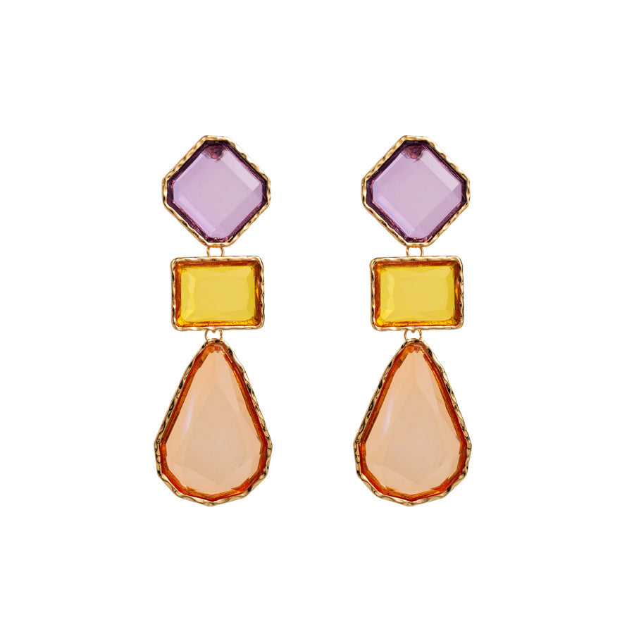 European and American fashion light luxury alloy square earrings colorful waterdrop resin earrings ornaments bohemian retro earrings