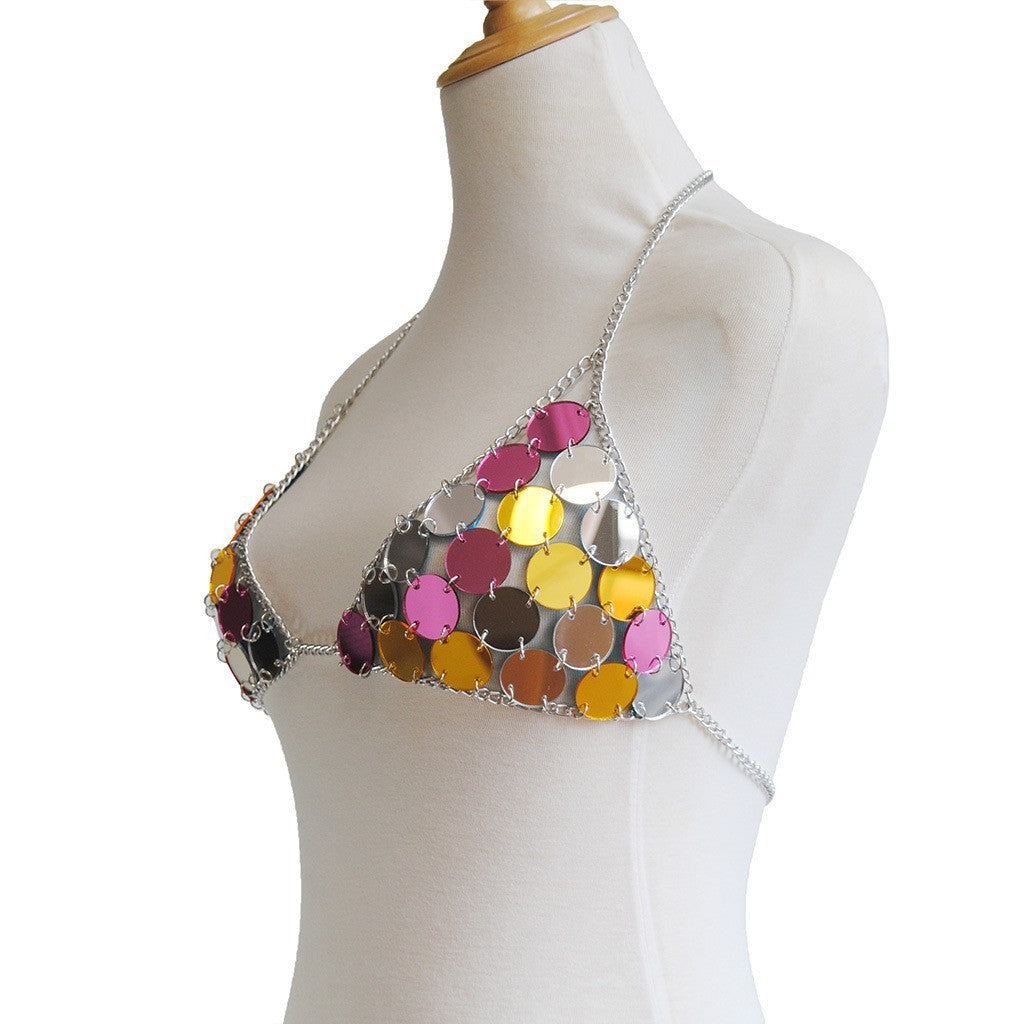New European and American cross-border personality exaggerated sexy chest chain bikinia acrylic colorful sequin jewelry body chain