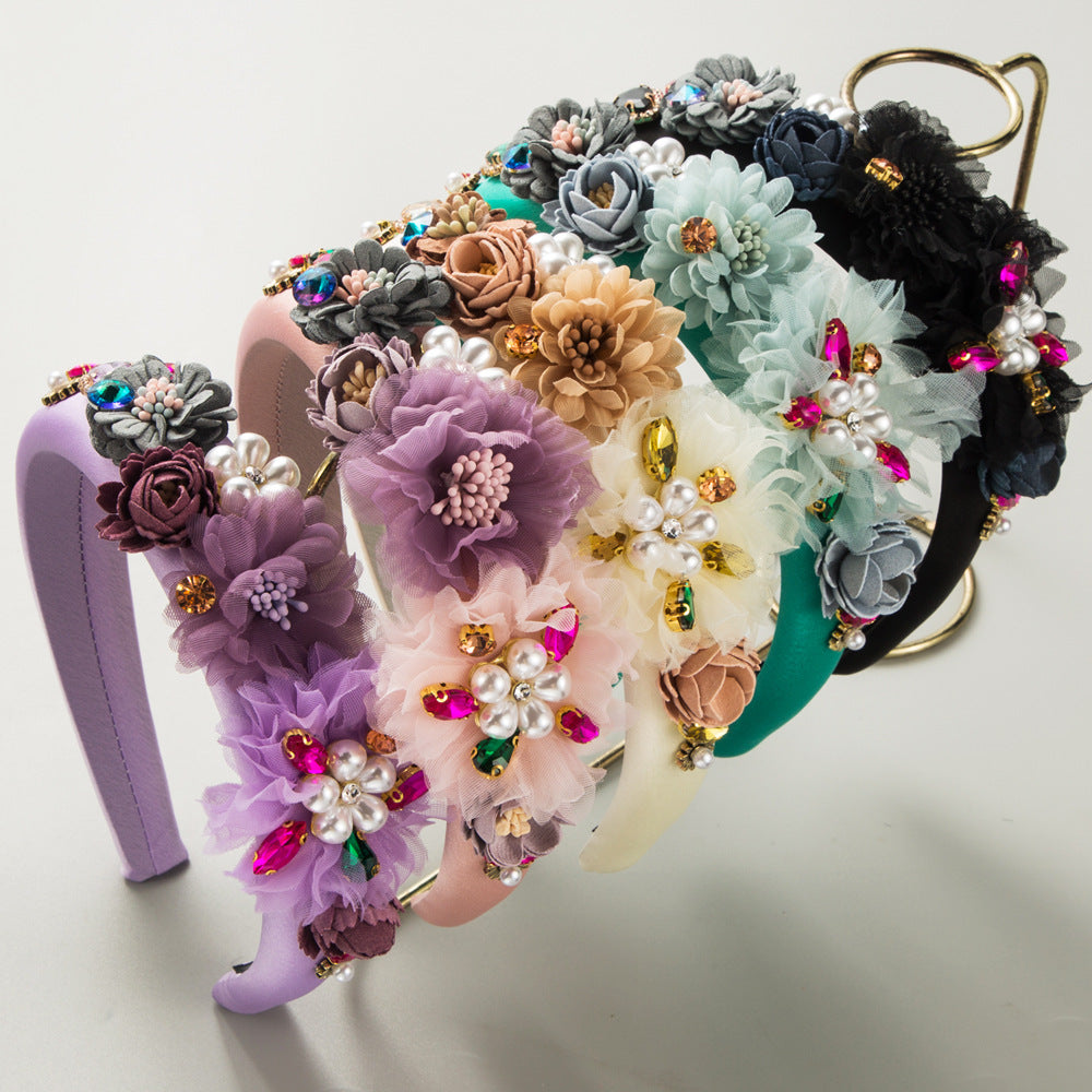 Cross-border new Korean version of floral temperament headband female sponge high skull top inlaid with glass diamonds pearl flower party hair accessories