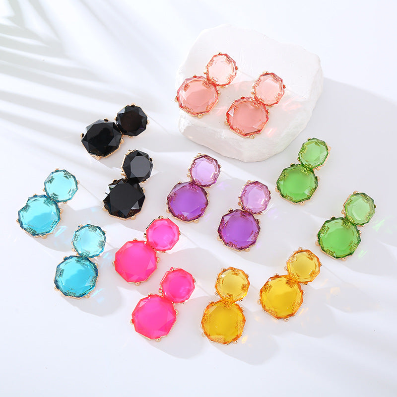 Cross-border new geometric facet round earrings resin candy color fashion transparent simple earrings personalized stud earrings women