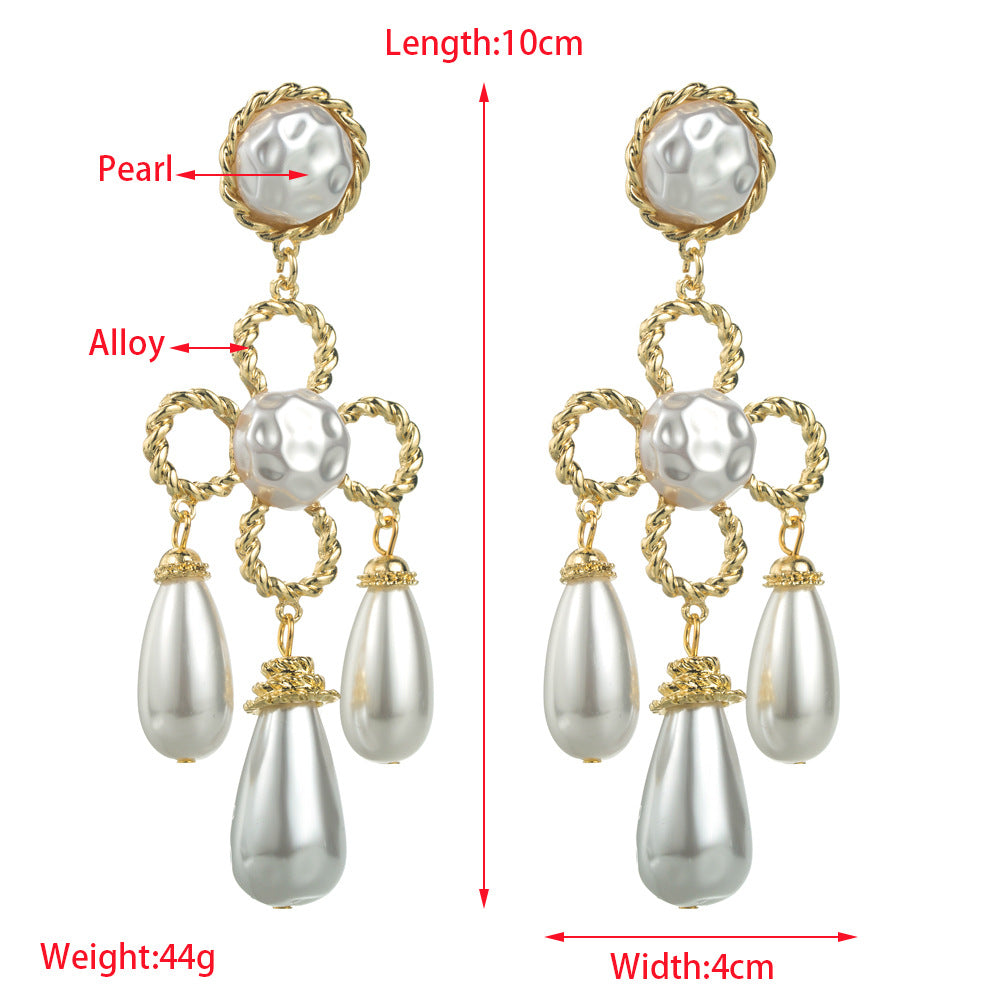 Earrings exaggerated vintage gold imitation pearl floral silver pin earrings elegant and atmospheric long multi-layered cut-out earrings