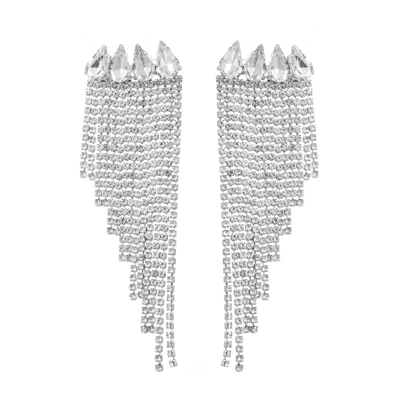 925 silver needle super flash claw chain alloy inlaid with diamonds long tassel earrings female European and American banquet exaggerated earrings wholesale