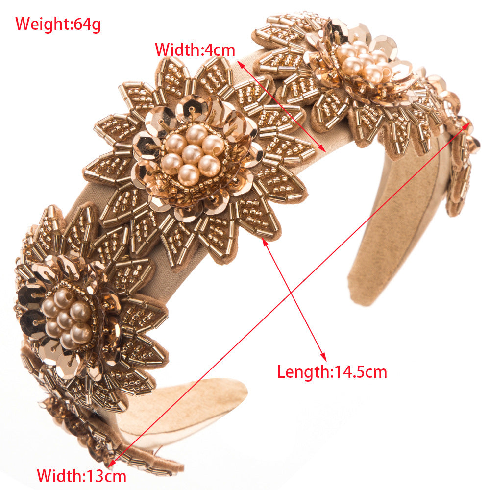 Heming headband, Korean version of Xiao Xiangfeng, hand-sewn floral headband, temperament, versatile, wide-edged, pearl-inlaid sequins hair ornament