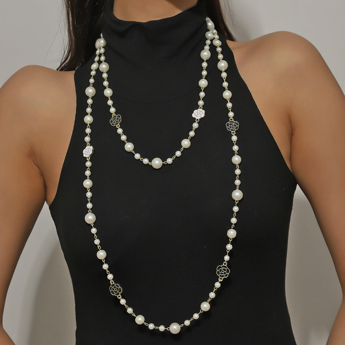 New double-layered long pearl necklace jewelry, new Chinese high-end temperament, versatile long necklace accessories