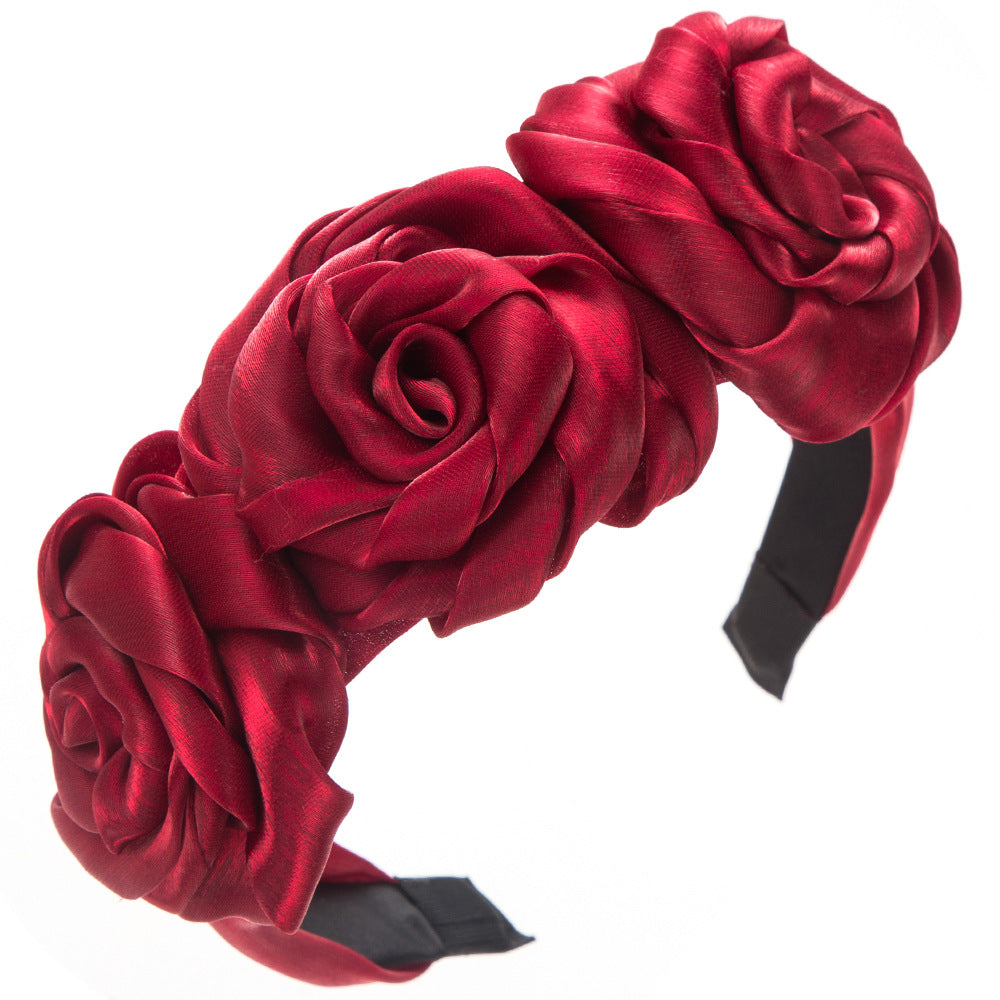 European and American new handmade rose headbands, Korean version glossy veil, wide-edged pressed headbands, fairy personality party hair accessories