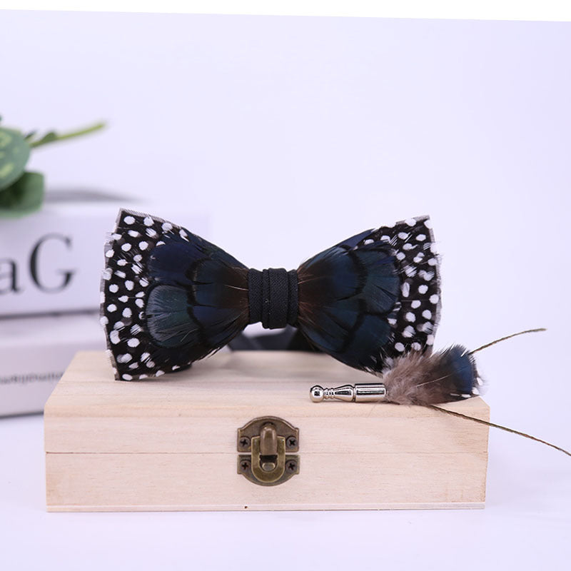 278 ink blue black and white polka dot pearl feather bow tie man host groom with children's flower girl bow