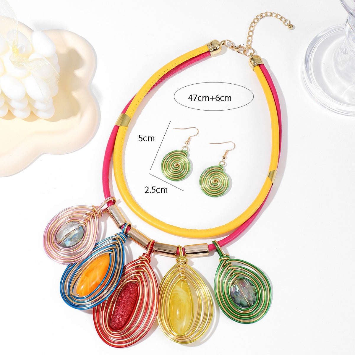New European and American exaggerated fashion crystal multi-layer necklace earrings set hand-wound ethnic style stage accessories