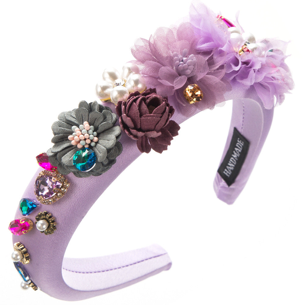 Cross-border new Korean version of floral temperament headband female sponge high skull top inlaid with glass diamonds pearl flower party hair accessories