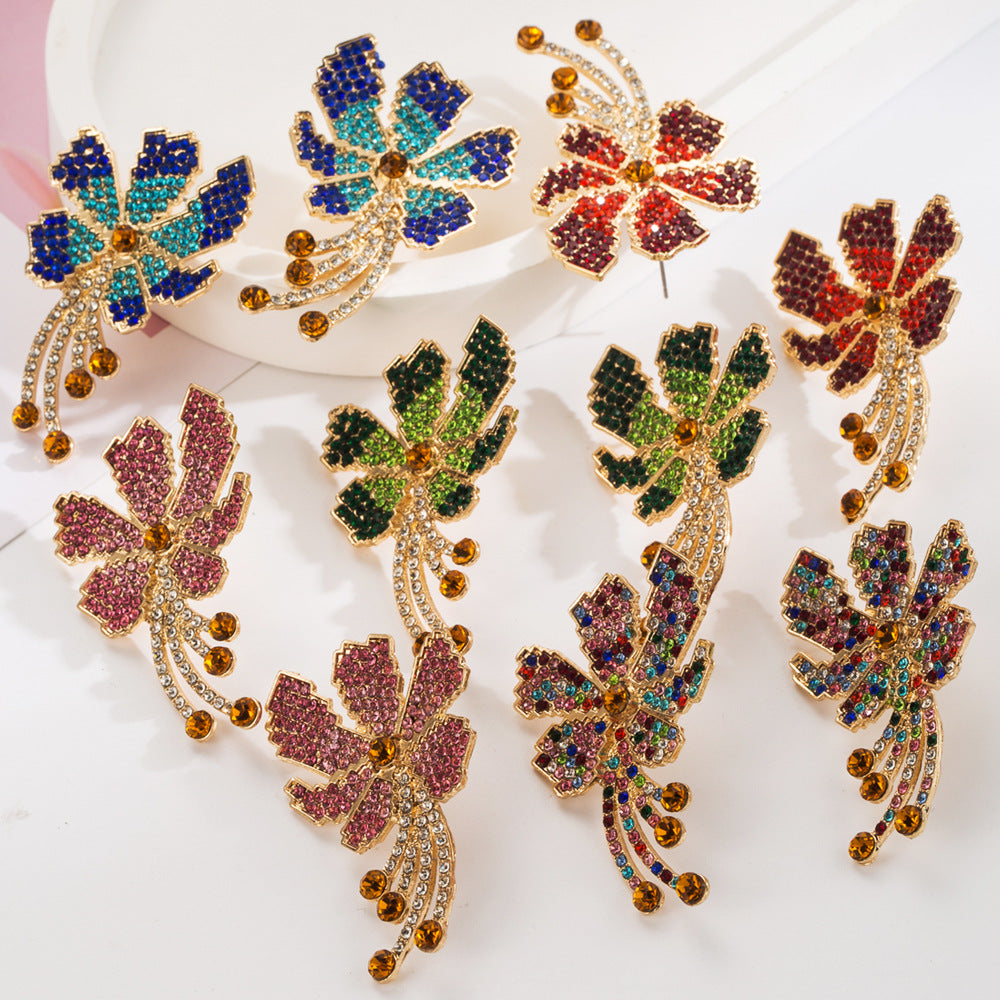 European and American retro temperament, exaggerated flower earrings, creative alloy inlaid with diamonds, fashionable high-end banquet earrings