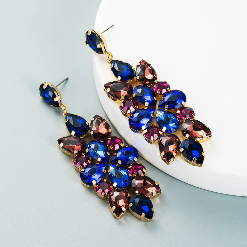 Retro temperament, full of diamonds, colored rhinestones, glass diamonds, flowers, midi drop earrings, creative personality, tassel drop earrings