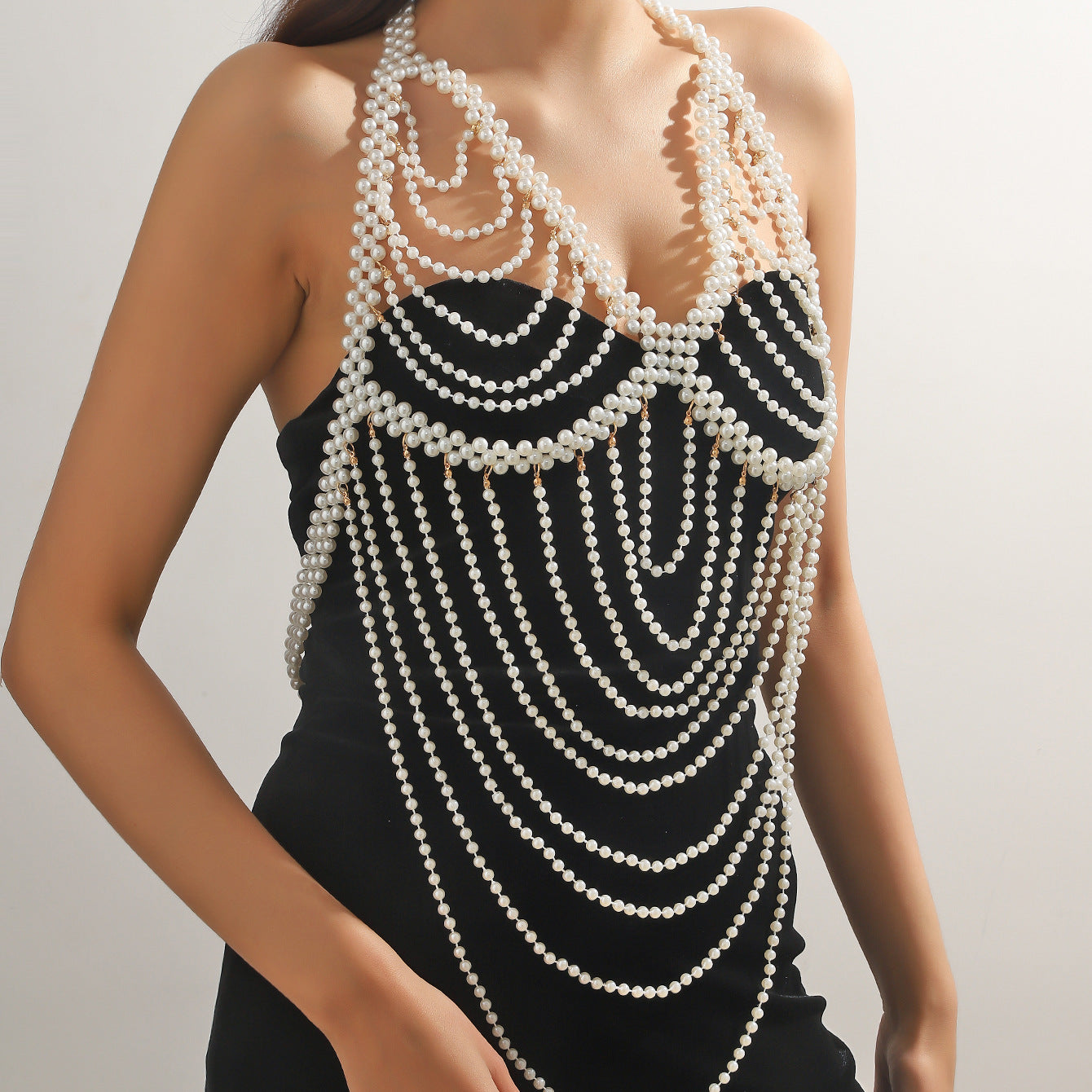 New European and American Jewelry, Fashion, Bridal Shawl, Dress, Chest Chain, Exaggerated Multi-layered Pearls, Sexy Chest Ornament, Body Chain