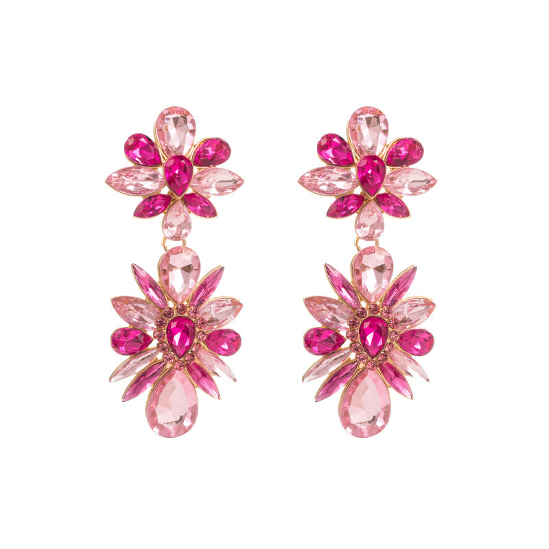 European and American fashion colored diamond alloy earrings women's ins long flower earrings high-end party earrings cross-border wholesale