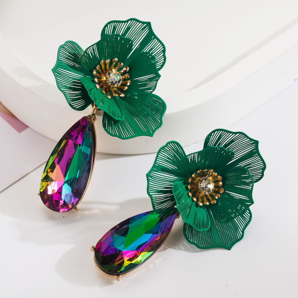 European and American trend: summer diamond-studded flower earrings, exaggerated personality, creative dazzling water drop earrings, light luxury temperament earrings